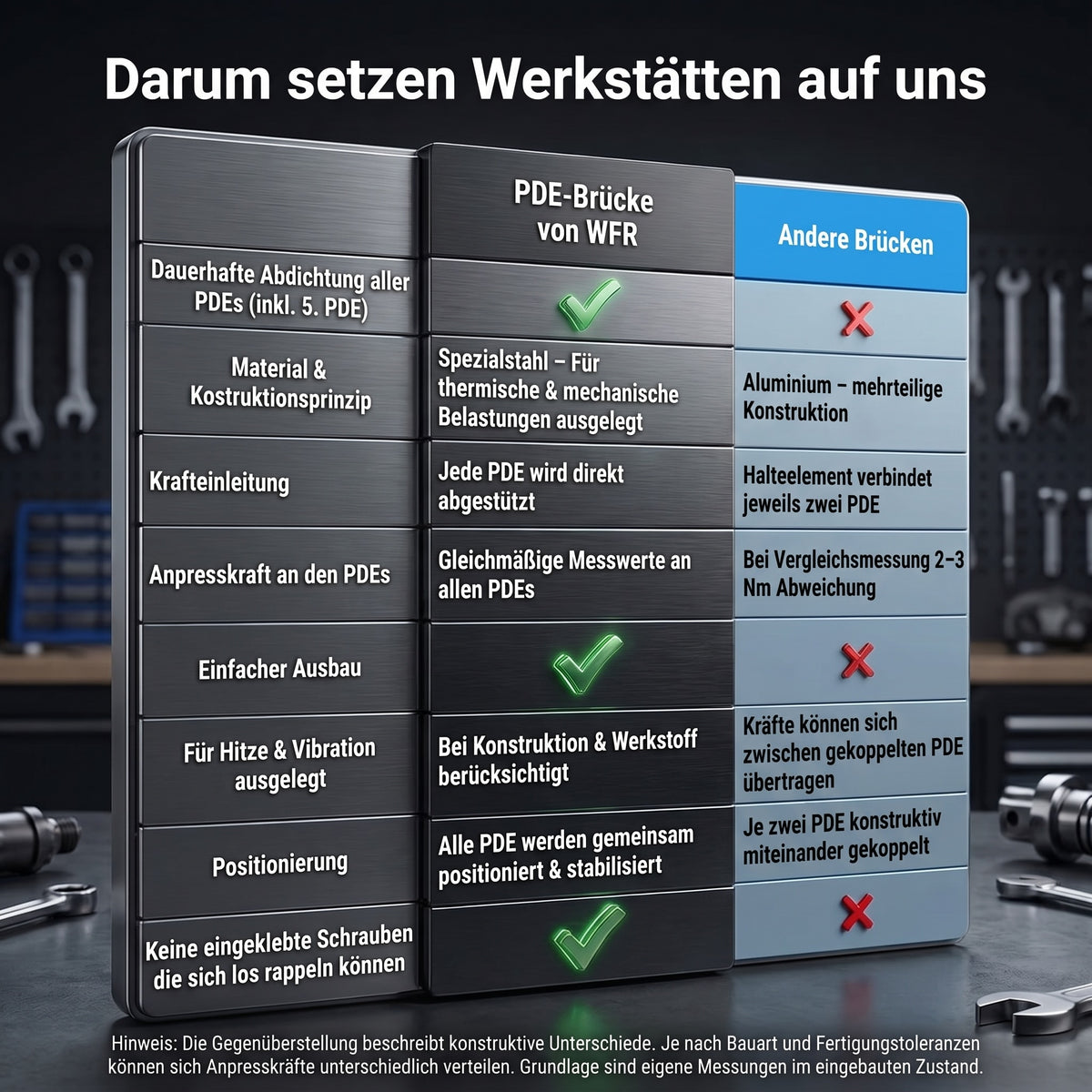 Vergleichstabelle: PDE-Brücke von Werkzeugbau Rath aus Spezialstahl gegenüber Aluminium-Brücken anderer Anbieter