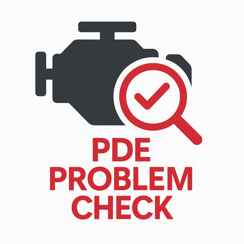 Symbolbild Motor mit Lupe und Häkchen, Schriftzug PDE Problem Check